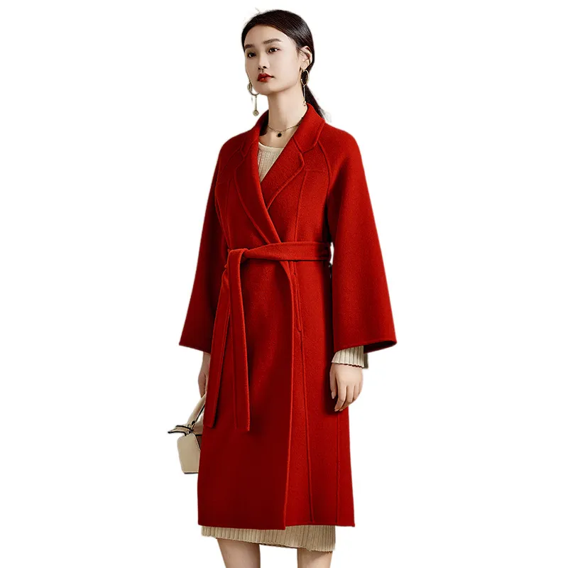 Red high count wool double-sided cashmere coat for women's mid length 2023 autumn/winter new style loose woolen coat