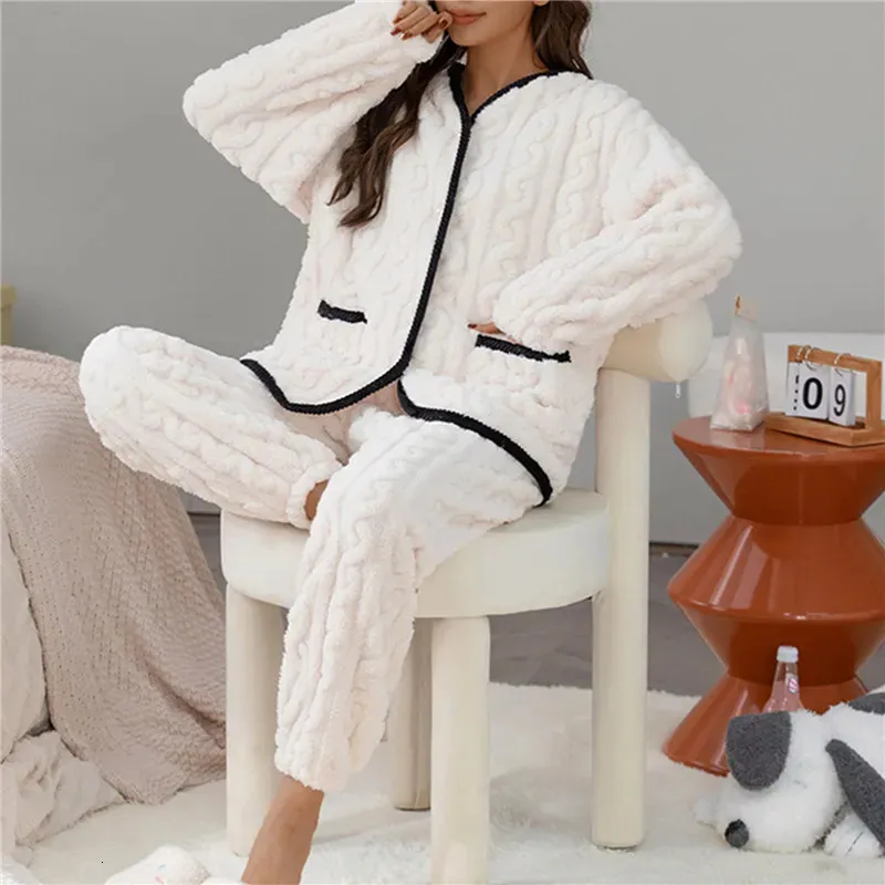 Kvinnors sömnkläder tjock varm pyjama set vinter plysch långärmade byxor 2 -stycken sammet casual wear hemkläder 231129