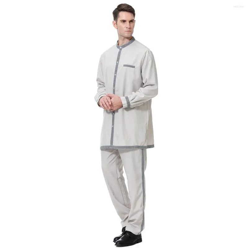 Abbigliamento etnico Musulmano Colletto alla coreana Poliestere Dubai Abaya Thobe Islamico Maniche lunghe Ramadan Robe Kaftan Thawb e pantaloni Suit Uomo