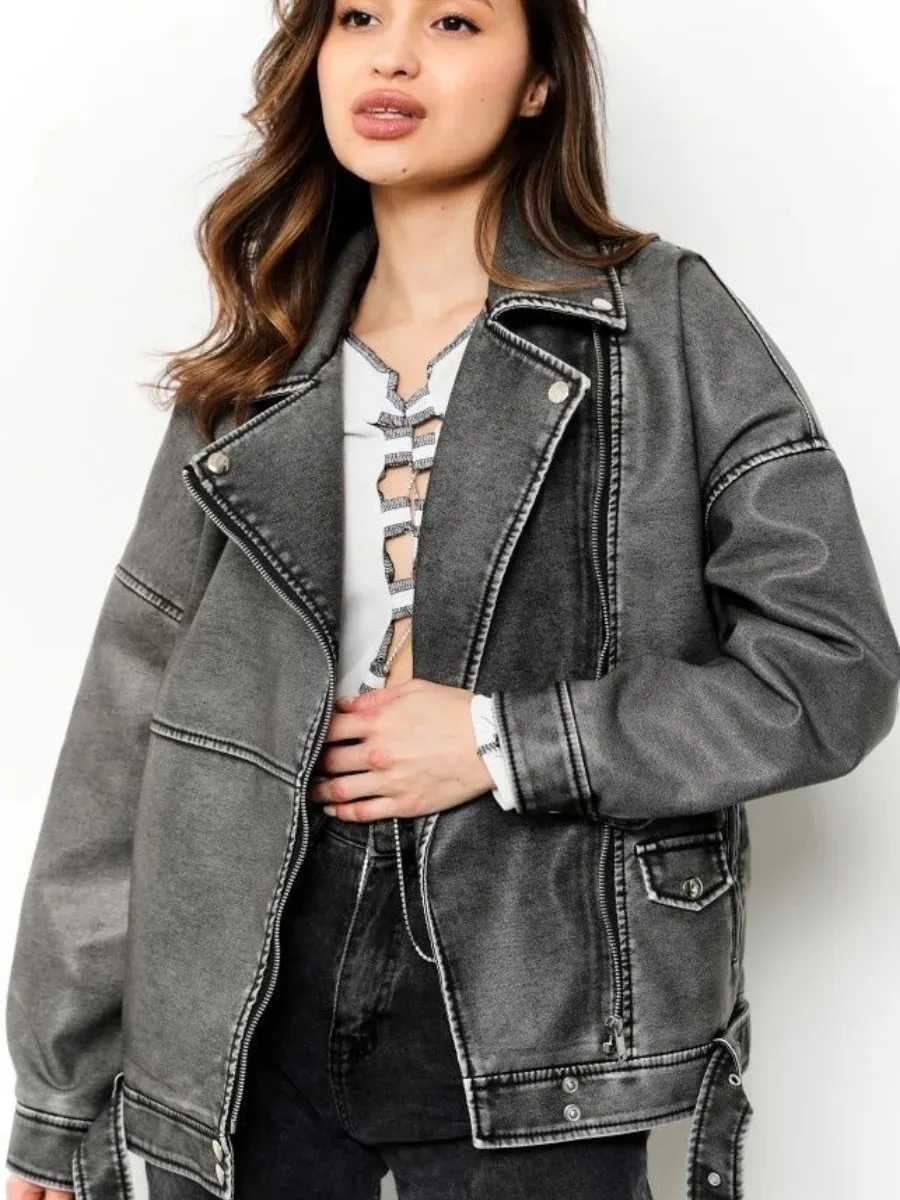 Womens Leather Faux PU Jacket Women Loose Sashes Casual Biker Jackets Outwear Female Tops BF Style Black Coat Beige Gray 231129