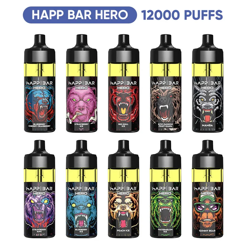 Happ 12000 퍼프 퍼프 12000 12k 일회용 전자 담배 메시 코일 16ml 일회용 제품 vapes vapes happ bar hero 12000 2% 충전식 e 담배