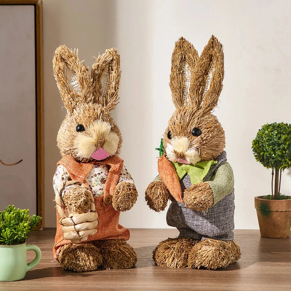 Decorative Objects Figurines Pastoral Style Handmade Craft Home Grass Weaving Rabbit Statue Living Room Desktop Ornament Bunny Sculptures and 231128