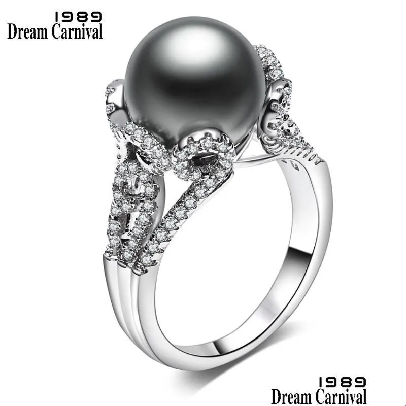 Cluster Rings Dreamcarnival1989 Brand Grey Big Synthetic Pearl With White Cubic Zirconia Flower Bague Luxury Party For Women Wa11564 Dhuyb