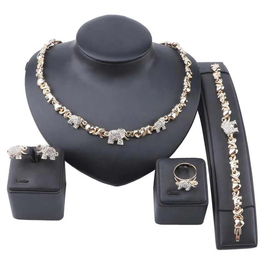 Joyería africana, collar de cristal de elefante, pendientes, oro de Dubái, juegos de joyas para mujer, pulsera para fiesta de boda, anillo Set277j