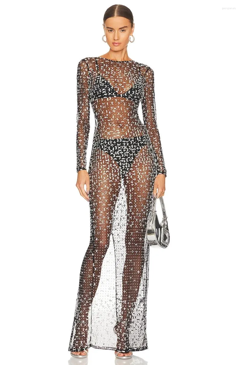 Casual Dresses Women's Fashion Long Sleeve Bodysuit 2023 Elegant Rayon Transparent Slimning Diamond Slit Party Dress