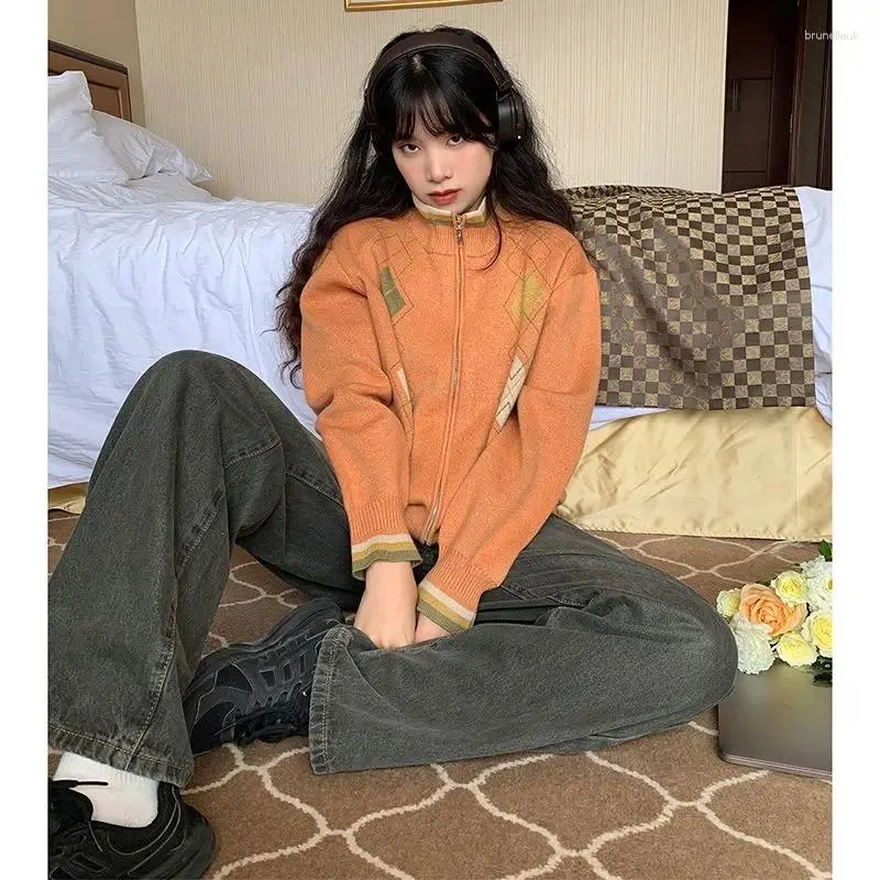 Kadın Örgü Tembel Stil Kazak Palto Kadınlar İlkbahar ve Sonbahar Japon Kontrast Elmas Damalı Gevşek Turuncu Örgü HARDIGAN TOP
