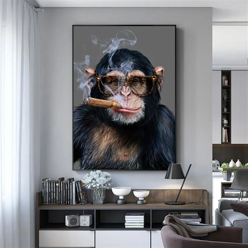 Affiche murale de singe gorille fumant, images d'art pour salon, imprimés d'animaux, peinture sur toile moderne, décoration de la maison, 286C