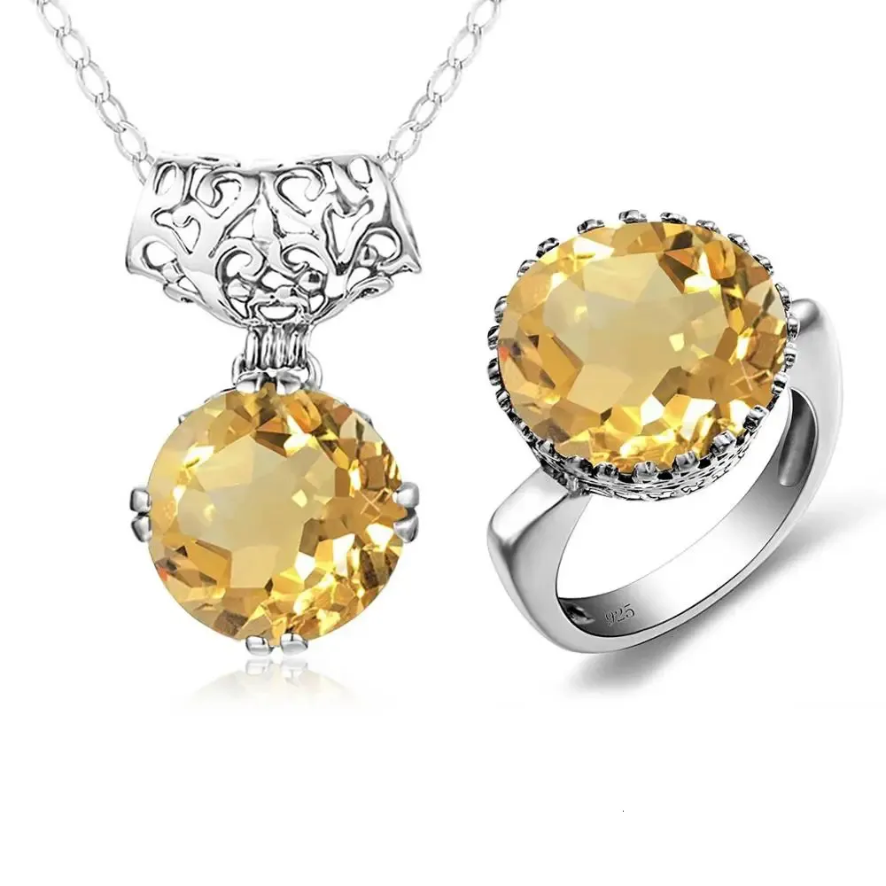 Wedding Jewelry Sets Szjinao Silver Jewellery Set For Women Real 925 Sterling Yellow Cristal Big Pendant Ring Vintage Round Fine 231128