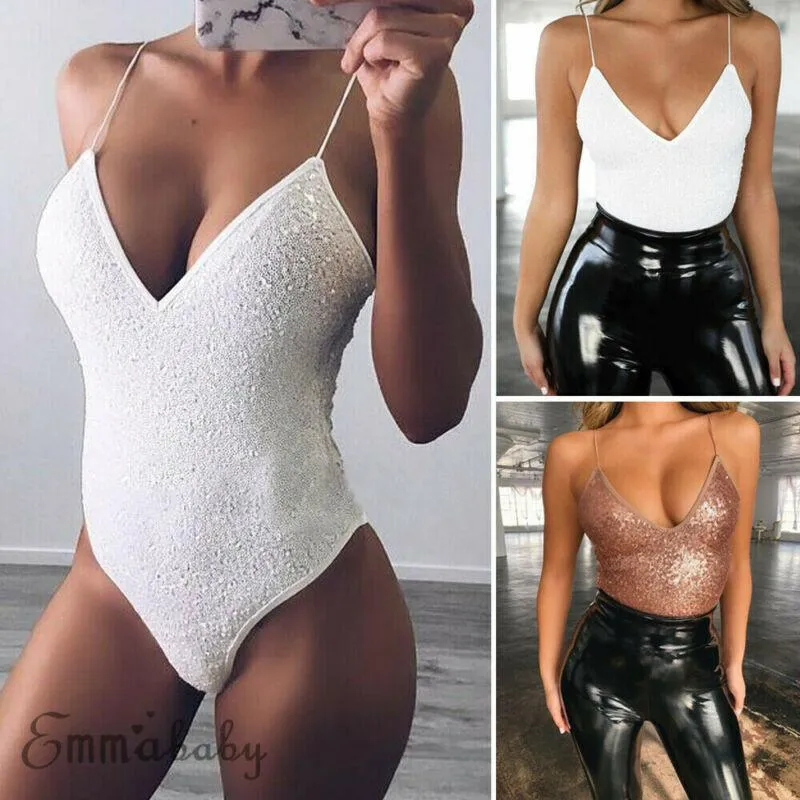 Damen Overalls Strampler Sexy V-Ausschnitt Pailletten Kurzer Strampler Overall Ärmellos Stretch Party Trikot Lady Bodysuit Top Tanga Body Suit T Sh