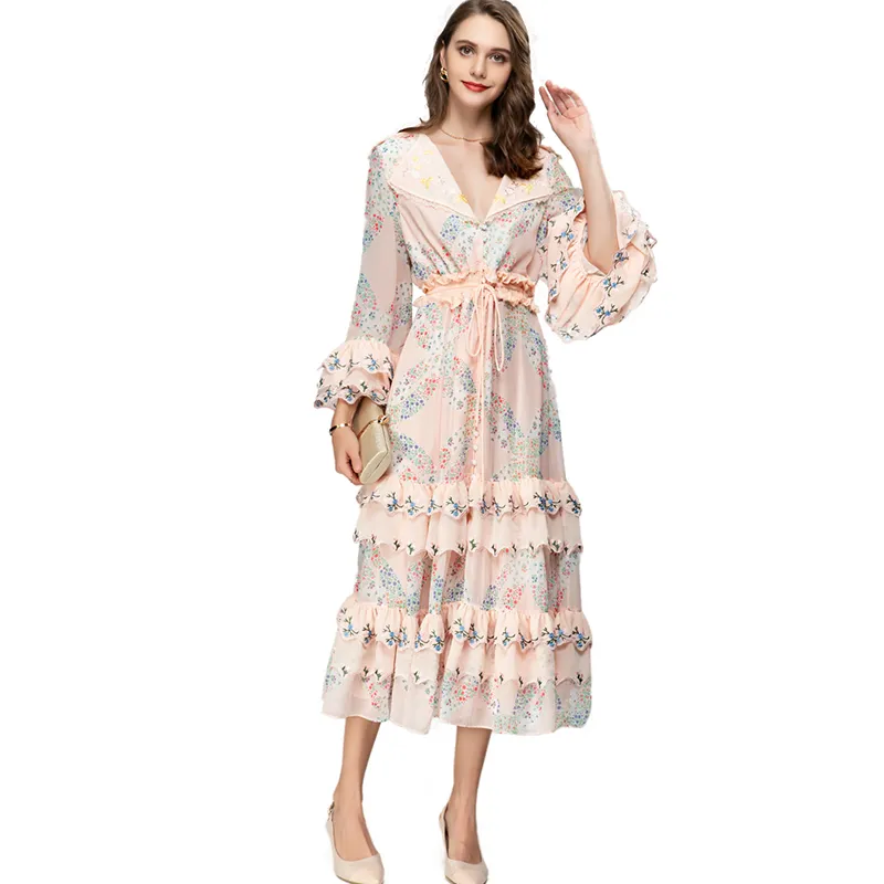 Women's Runway Dresses V Neck Long Lantern Sleeves Printed Tired Ruffles Lace Up Fashion Designer Vestidos