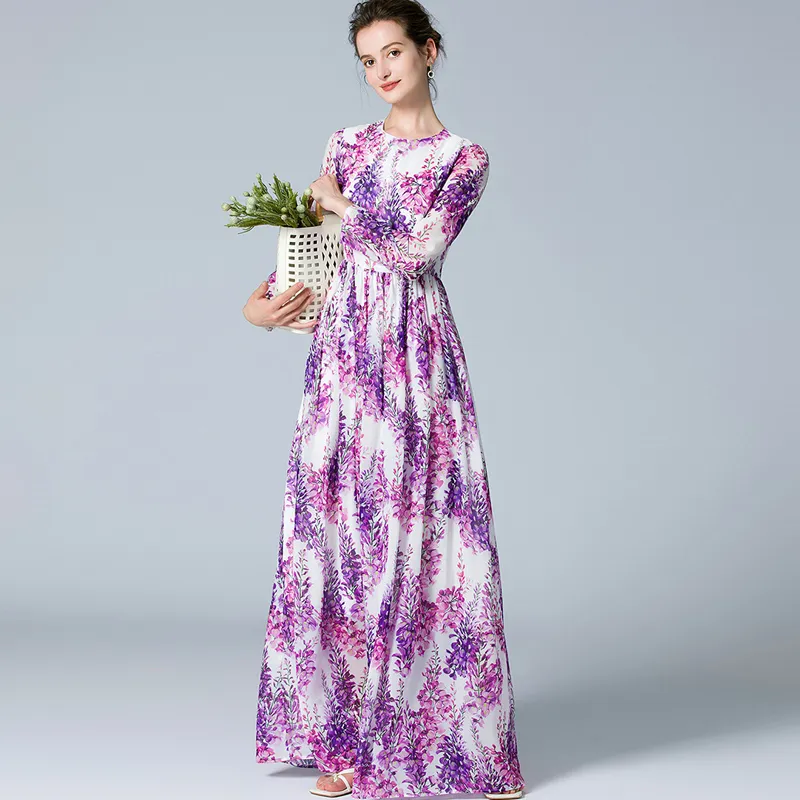 Kvinnors klänning o nacke långa ärmar ruched blommor tryckt high street designer maxi vestioder