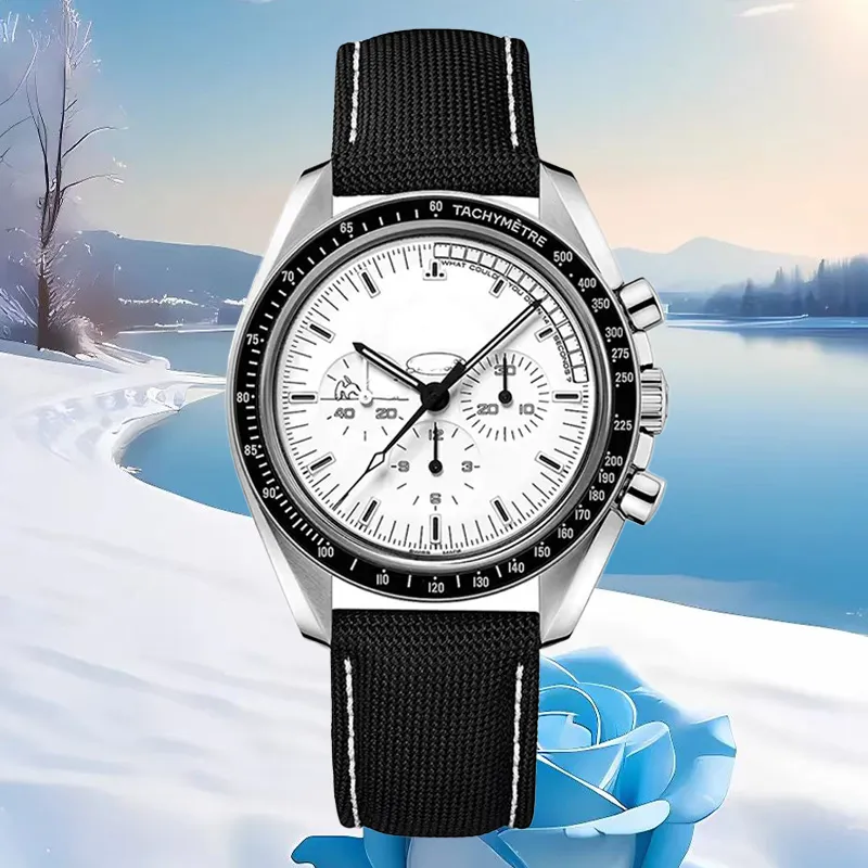 MENS Titta på högkvalitativ rörelse Klockor årsdagen Landing Moon Watch 44mm svart keramisk bezel vit urtavla rostfritt stål klocka safir vattentät lysande lysande