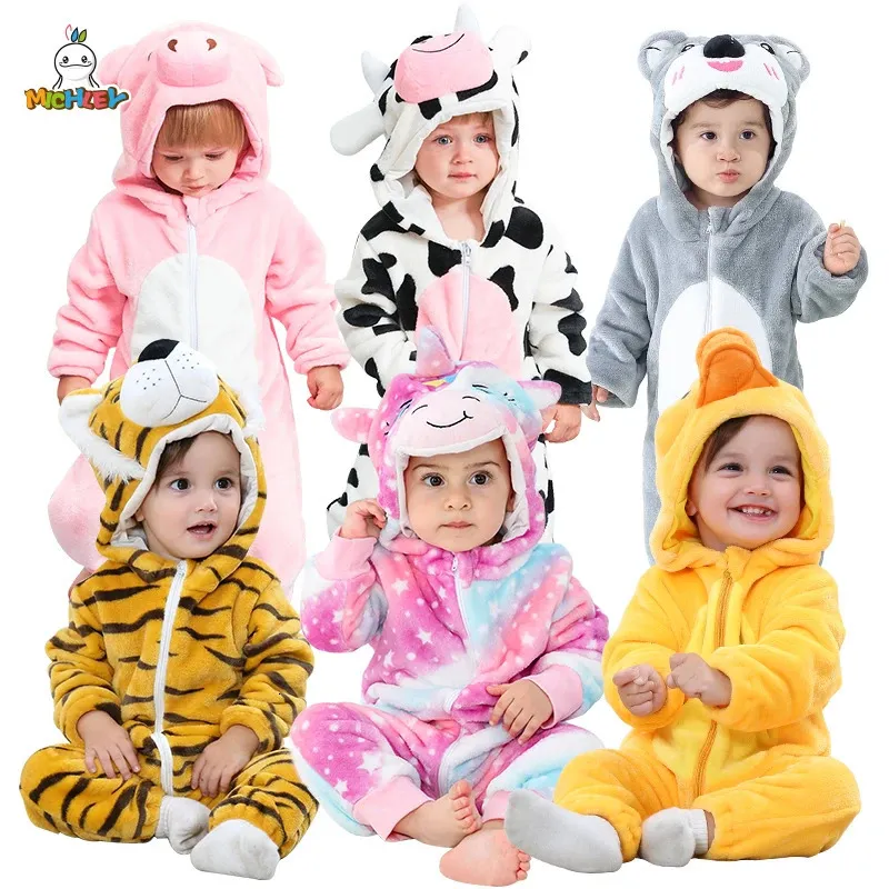 Rompers Michley Halloween Baby Winter Clothes Costume Flanell Hooded Bodysuits Pyjamas Animals Totalt Jumpsuit For Kids Bebe 231128