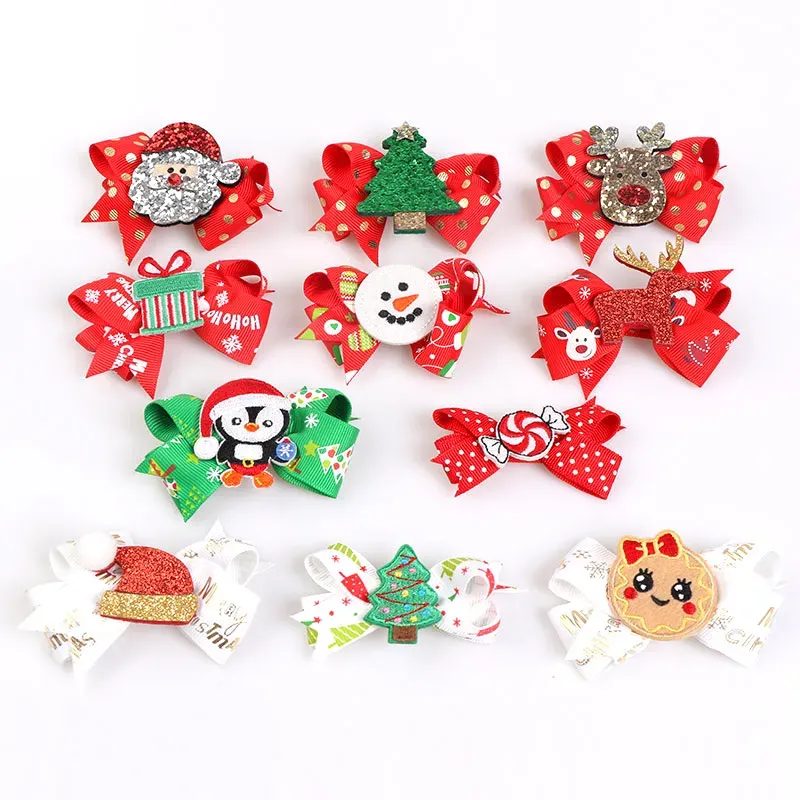 Christmas Ribbon Hairclips Children Santa Claus Hairpins Snowman Hair Clips Bow Barrettes Hair Accessories 11 Designs Optional YFA2651