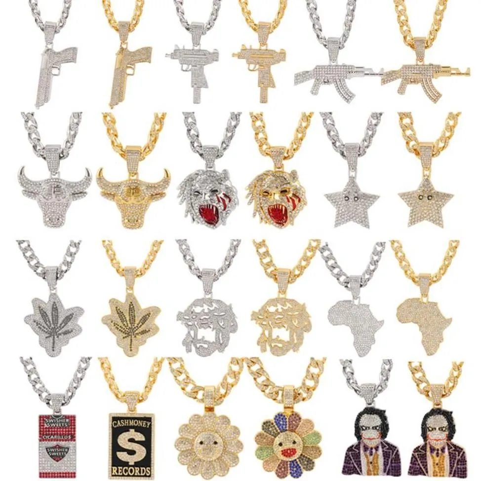 Pendentif Colliers Glacé Big Crystal Chaîne Cubaine Avec Joker Afrique Carte Gun Fleur Animal Mode Charme Hip Hop BijouxPendant Ne245I