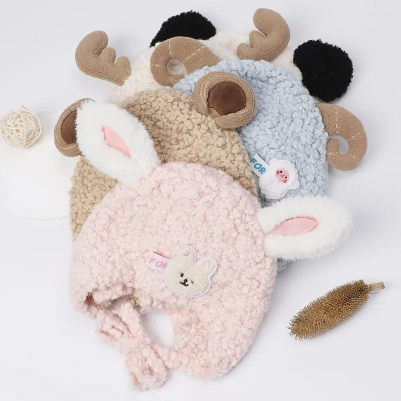 Hair Accessories Cute Little Ears Lamb Wool Warm Hat Winter Cartoon Animal Print Beanie For Toddler Baby Girls Children's Items