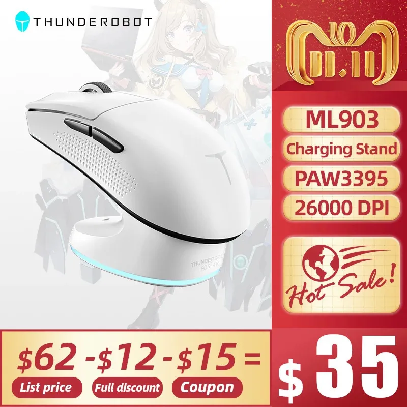 Tangentbordmuskombinationer Thunderobot ML903 4K Wireless Gaming med laddningsdockan 26000 DPI PAW3395 Bluetooth Wired Gamer för bärbar dator 231128