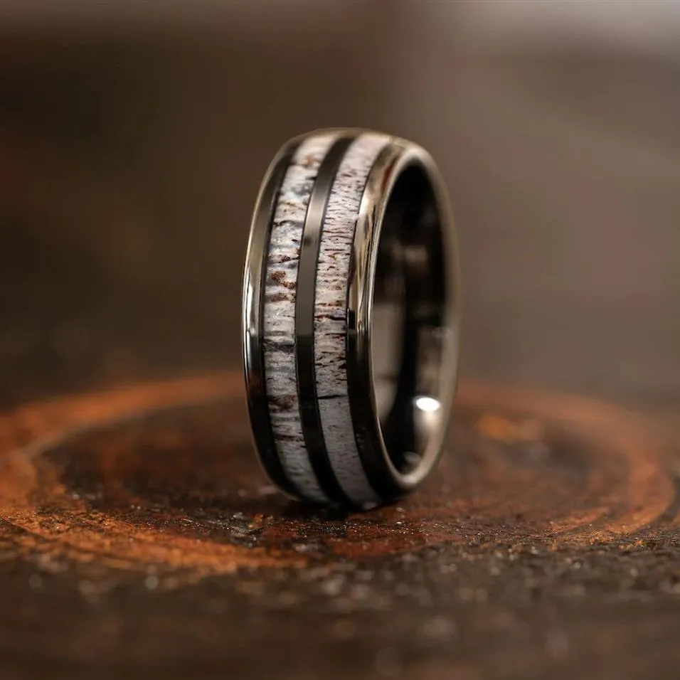 Bague en acier titane noir pour hommes et femmes, 8mm, anneaux de mariage en bois d'élan de forêt naturelle, Band280A