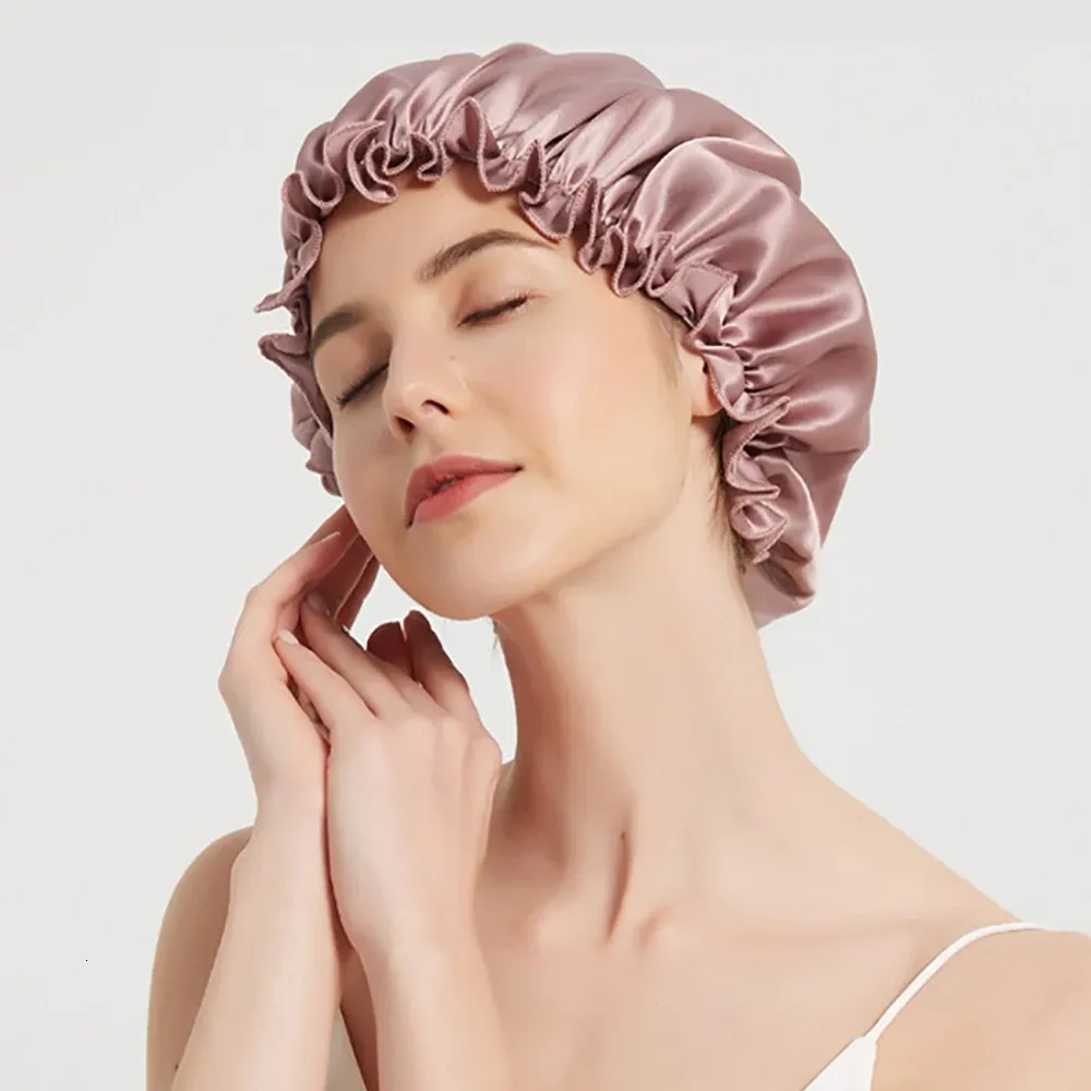 Beanie/Skull Caps 100% Pure Mulberry Silk Night Sleeping Cap Hair Soft Bonnet Hatts For Women Head Cover Hair Wrap Wide Elastic Band Hair Loss Cap 231128