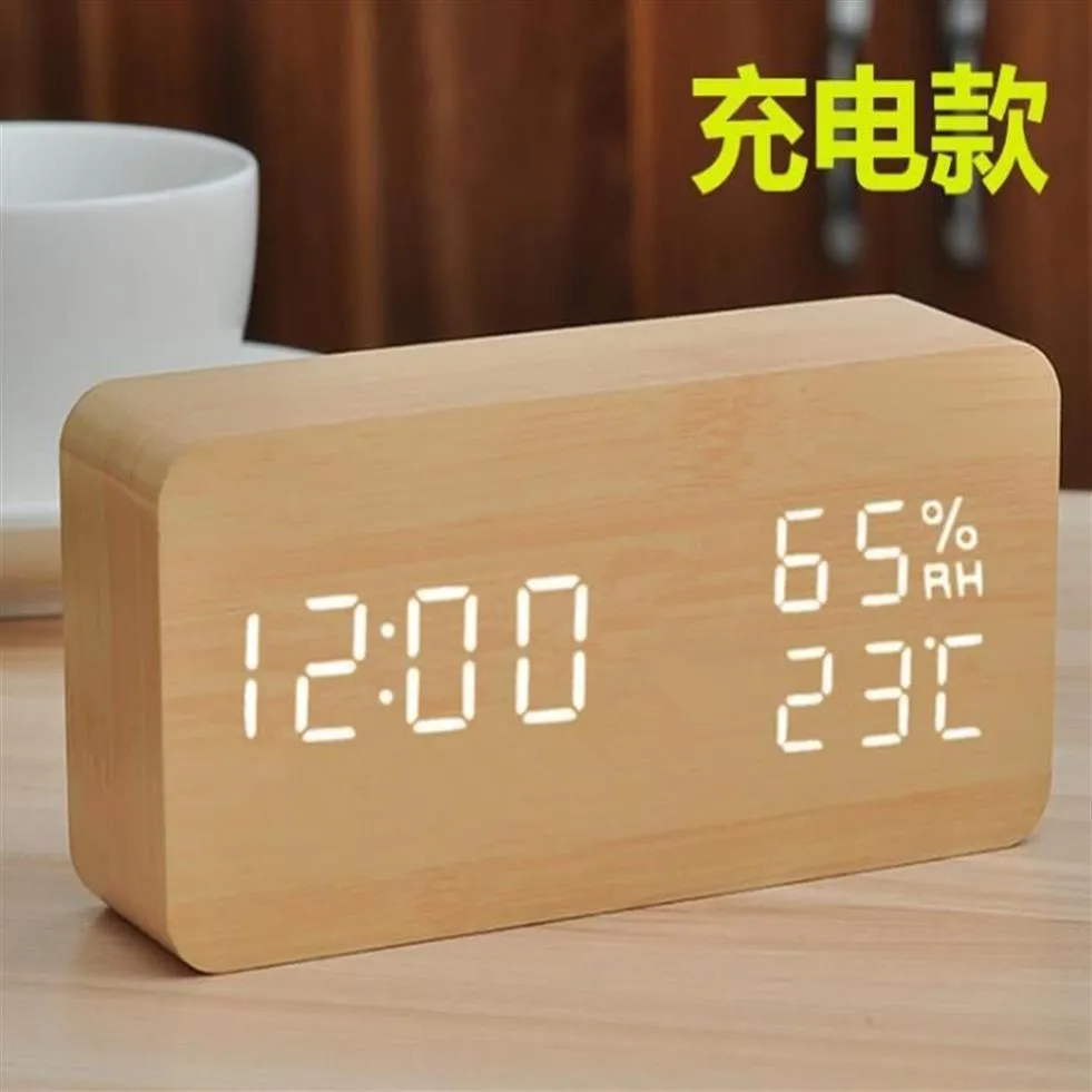 Sonnette d'alarme créative électronique led, horloge en bois, contrôle du son, cadeau, température et humidité rectangulaire moyenne, 246Z