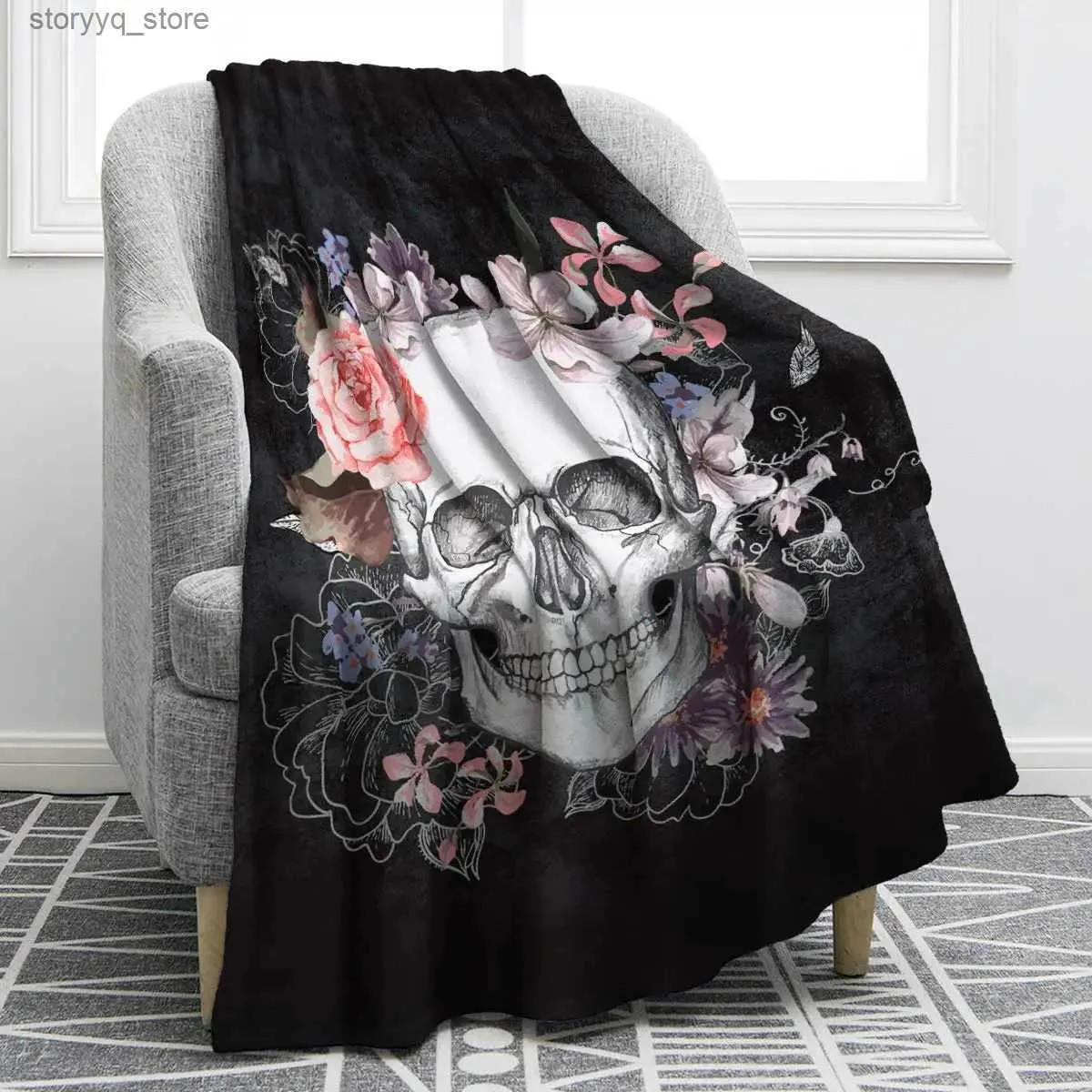 Heizdecke, Zuckerschädel-Decke für Halloween, Totenkopf-Rosen-Design, Skelett, glatt, weich, schwarz, bedruckt, Überwurf, Decke, Geschenke, Sofa, Stuhl, Bett, Büro, Q231130