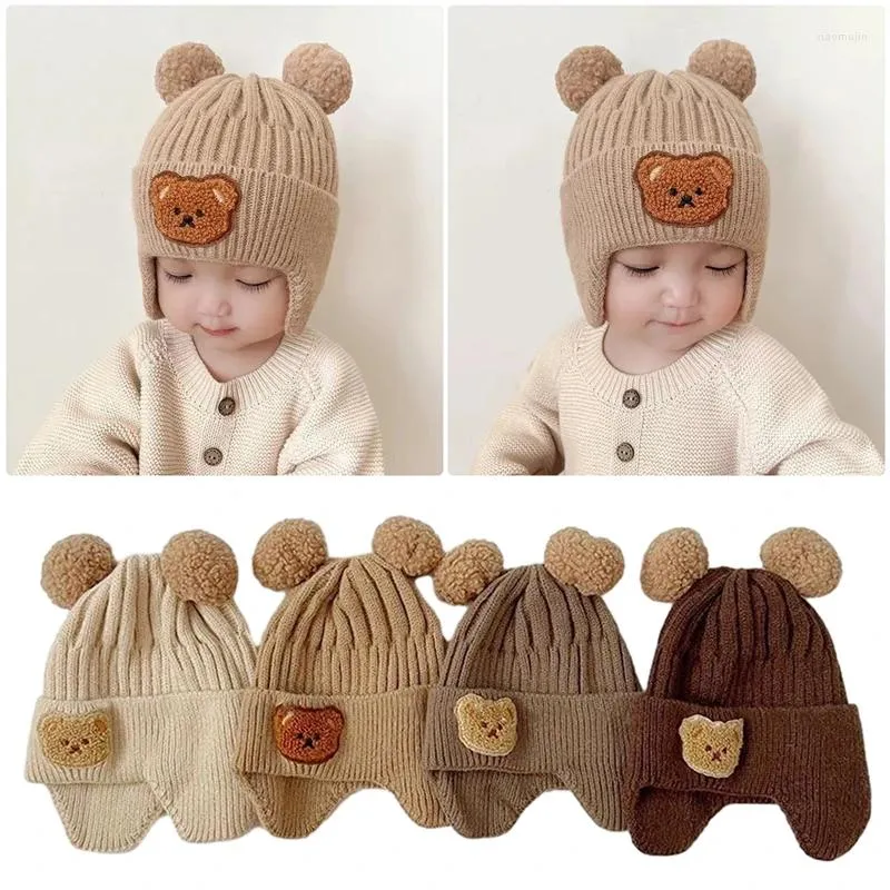 Hats Korean Baby Cap With Earflaps Cute Bear Pompom Kids Knitted Hat Beanie Warm Autumn Winter Boys Girls Ear Protection Bonnet Caps