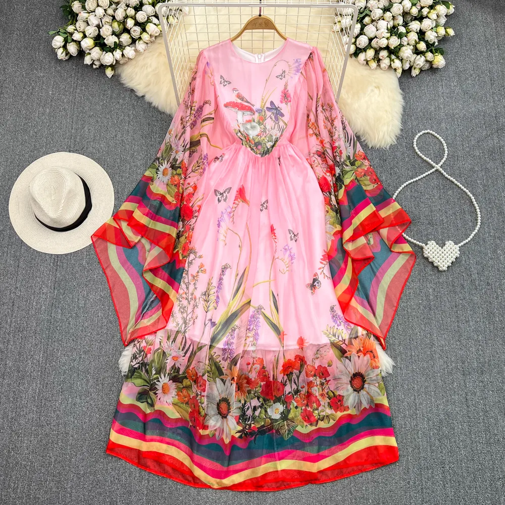 Summer Pink Flare Sleeve High Street boho maxi dress with Animal Stripe Print for Women - Elegant and Flowy Casual Party Vestidos