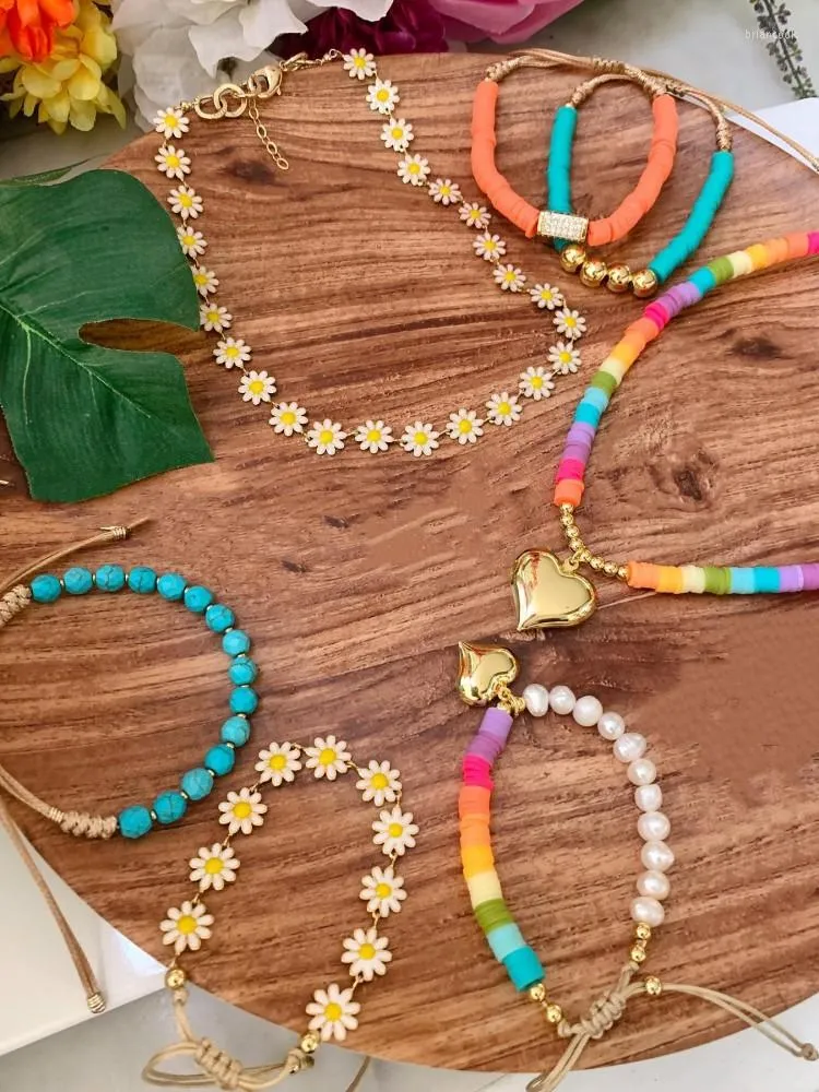 Halskette Ohrringe Set KKBEAD Boho Herz Anhänger Charm Armband für Frauen Natürliche Perlenketten Pulseras Gänseblümchen Armbänder