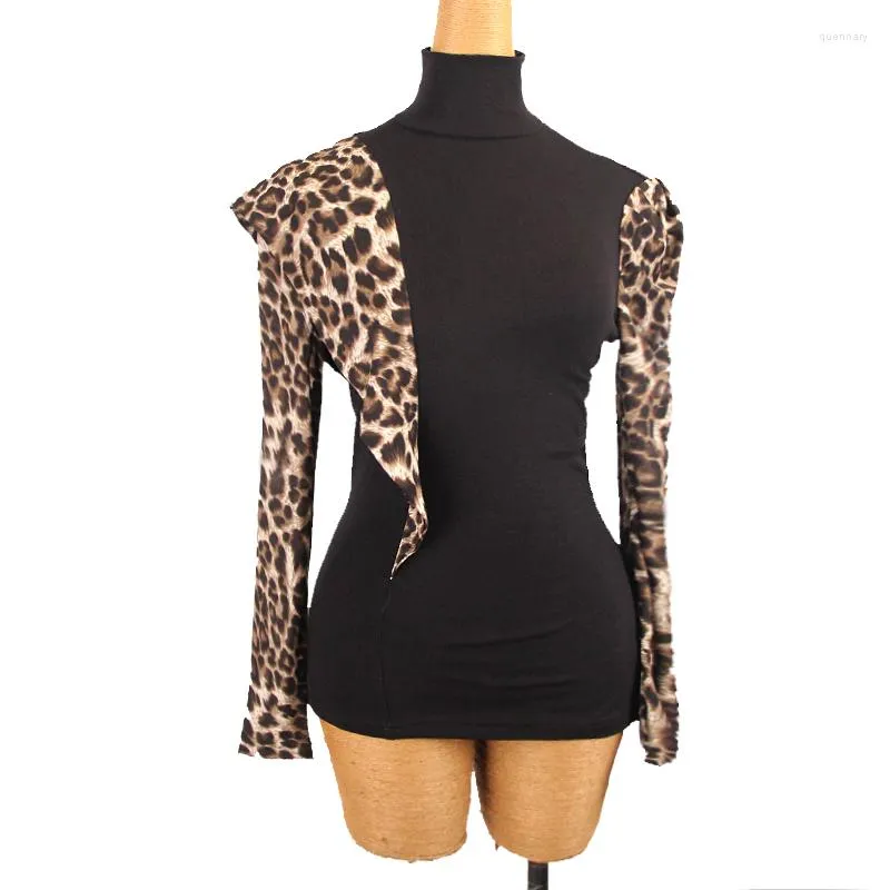 Stage Draag Latin Dance Tops Dames Ballroomkleding Leopard Hoge kraag Bodysuit Volwassen lange mouwen oefenen shirts DNV17083