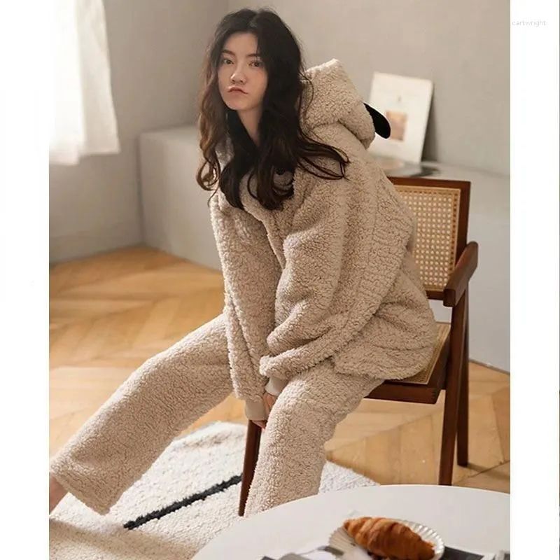 Women's Sleepwear 2023 Pajama Winter Coral Fleece Loungewear Thicken Set Flannel Autumn Warm Hooded Loose Homewear
