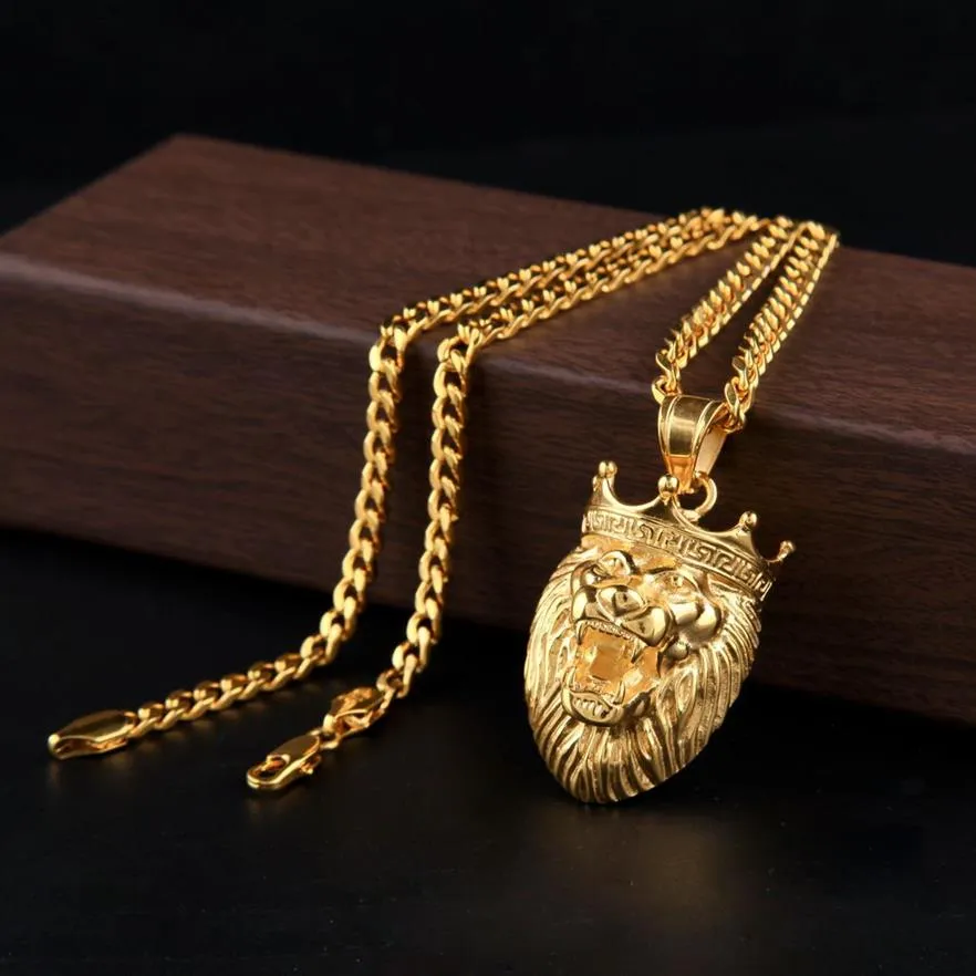 Micro Lion King Crown Pendant Necklace 5mm 70cm Cuba Chain Necklace Gold Plated Stainless Steel Mens Hip Hop Jewelry305K