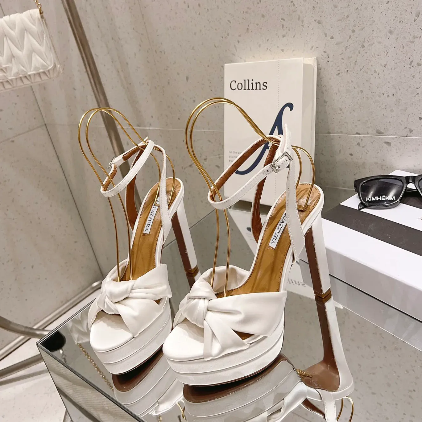 Aquazzura Cupid 매듭 새틴 플랫폼 샌들 발목 스트랩 블록 하이힐 여성 디자이너 가죽 샌들 펌프 이브닝 파티 웨딩 신발 공장 신발 크기 34-42