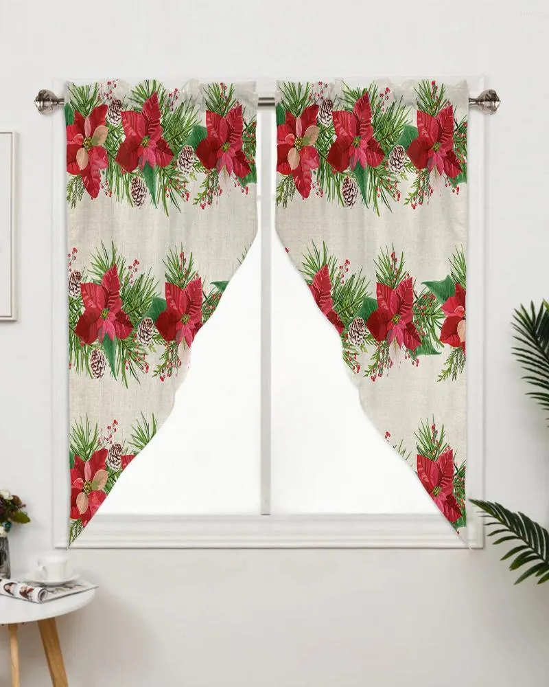 Cortina Navidad Poinsettia flor Pino conos cortinas para dormitorio ventana sala de estar persianas triangulares