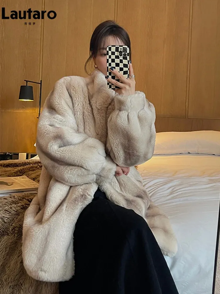 Fourrure Femme Fausse Fourrure Lautaro Hiver Épais Chaud Faux Vison Manteau De Fourrure Femmes Col Montant Élégant Chic Luxe Designer Vêtements Piste Fluffy Veste 231129