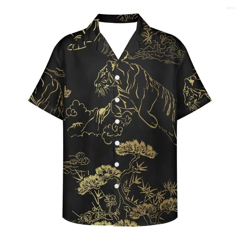 Camicie casual da uomo Stile giapponese Tigre Nero Modello dorato Top comfort da uomo Abbigliamento personalizzato di buona qualità Festa in spiaggia