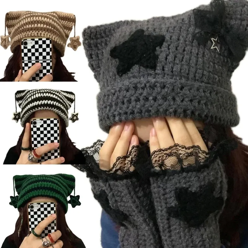 Beanie/Skull Caps Winter Knit Cat Ear Hat with Dangle Star Keep Warm Hat Windproof Hat for Autumn 231128