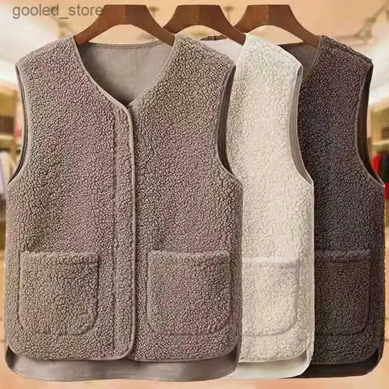 Men's Vests New Lamb Vest Women's Winter Sleeveless Loose Vest Ladies V-neck Warm Thick Camisole Jacket Female Fashion Clothing Q231129