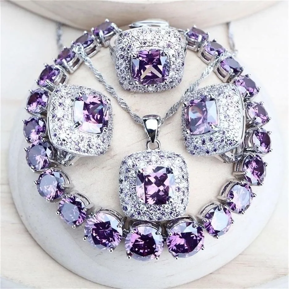 Purple cyrkonia Zestawy biżuterii ślubnej Srebrne 925 Drobne kostium biżuterii Pierścienie Bracelets Naszyjnik 2208297c