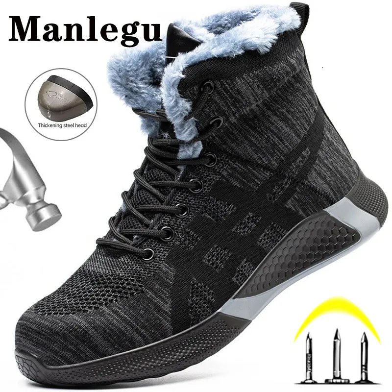 Sapatos de segurança botas de trabalho de segurança homens botas de inverno indestrutíveis sapatos de trabalho homens de aço toe sapatos de segurança anti-esmagamento tênis de trabalho botas de pele quente 231128