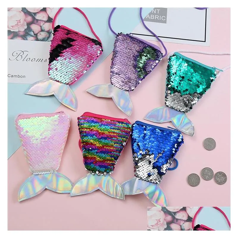 Purse Kids Purses Girls Love Mermaid Sequins Zipper Coin Purse With Lanyard Beautif Fish Shape Tail Pouch Bag Mini Drop Delivery Baby, Dh918