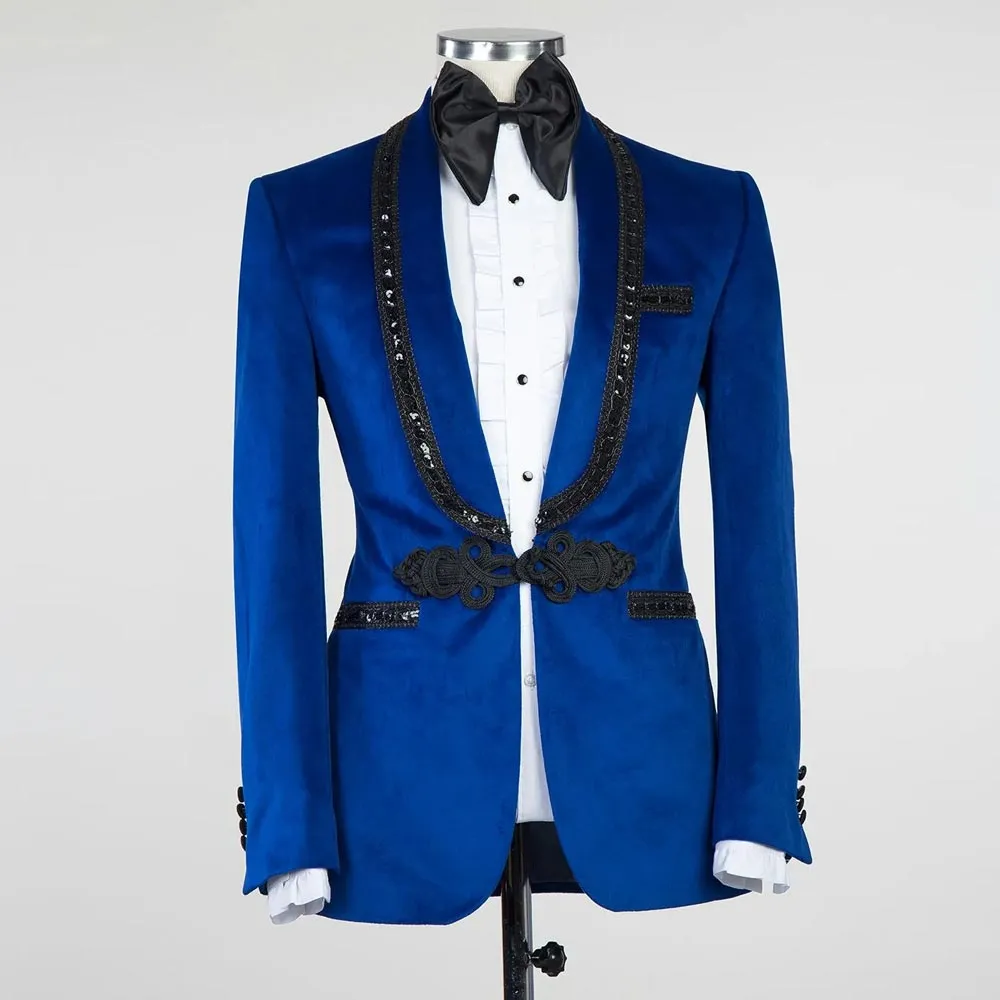 Koningsblauw Fluwelen Bruiloft Smoking Slim Fit Heren Pakken Lovertjes Sjaal Revers Blazers Knoop Knop Formele Pak Alleen Jas