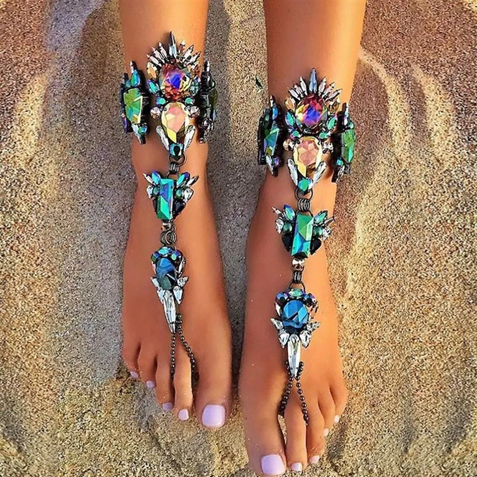 Masowe ślub Barefoot Sandały Sandały plażowe biżuteria Sexy Pie nogi Sieć Kobieta Boho Crystal Anklet for Women211e