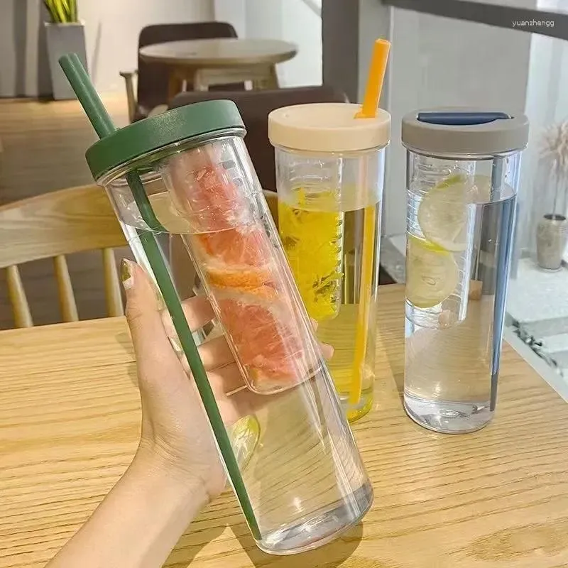 물병 휴대용 컵 접이식 대형 소녀 용량 투명 주스 필터 밀짚 병 귀여운 음주