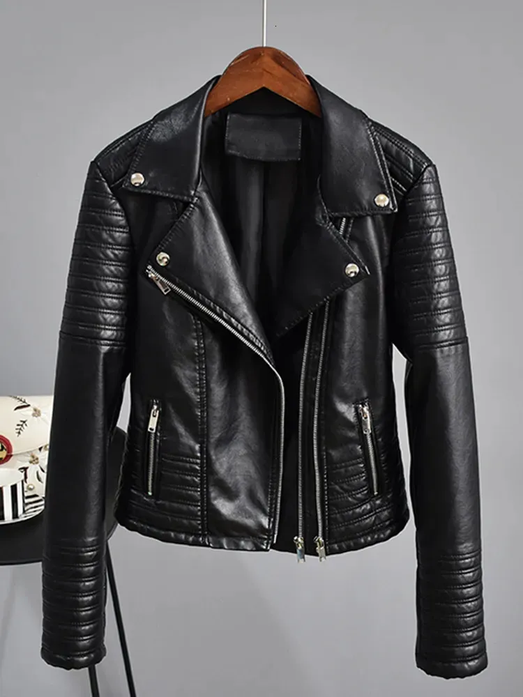 Chaqueta de imitación de cuero para mujer, abrigo Punk negro con cuello vuelto para mujer, abrigo Punk con cremallera y remaches para mujer 231129