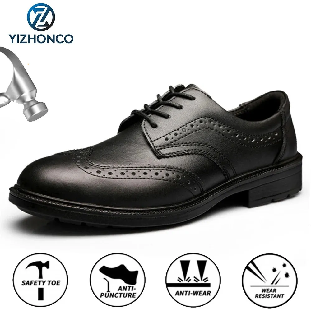 Safety Shoes Fashion Black Genuine Leather Business Safety Chef Shoes For Men European Standard Steel Toe Men's Non Slip Work Safety Shoes 231128