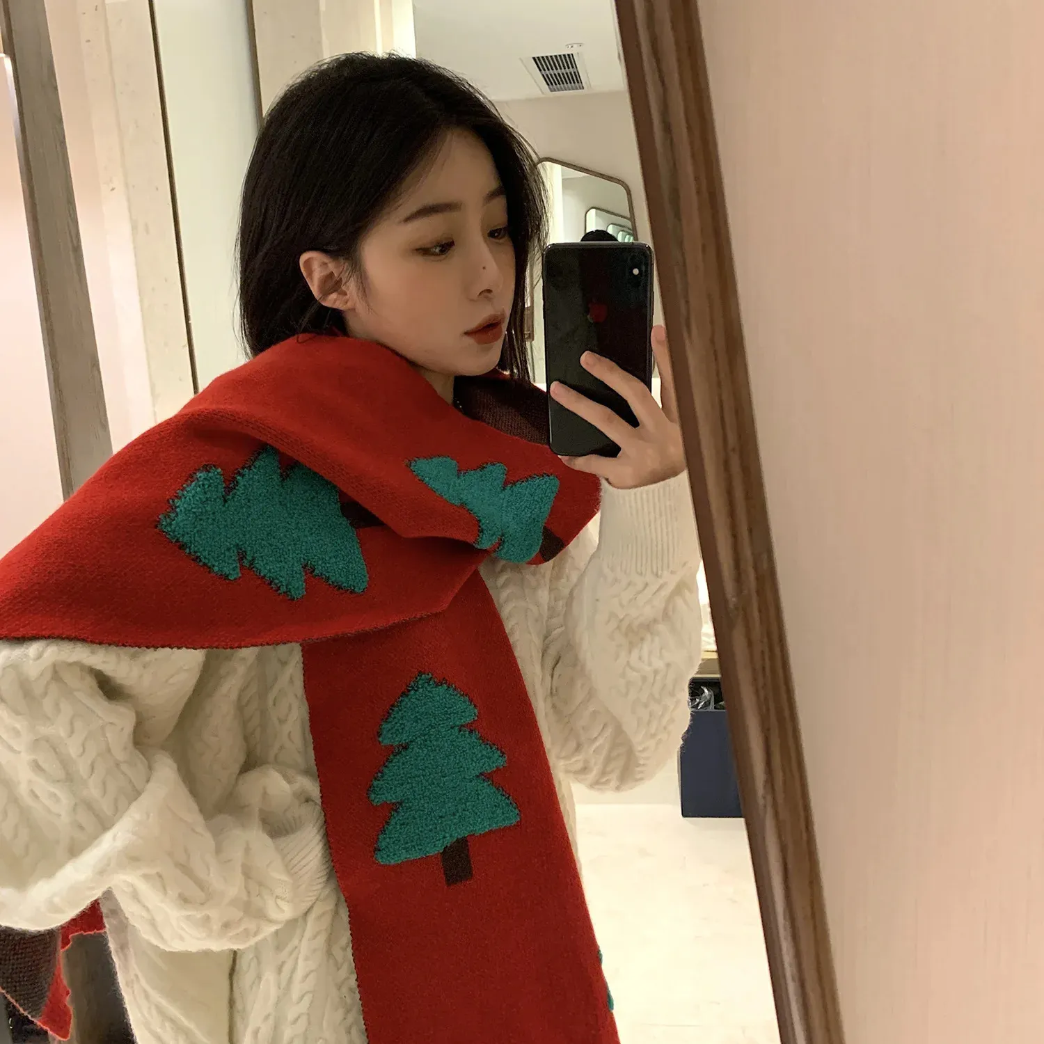 Scarves Autumn and Winter Scarf Female British Red Christmas tree print Cashmere Scarf Shawl Dual-use Thick Couple Scarf D365 231128