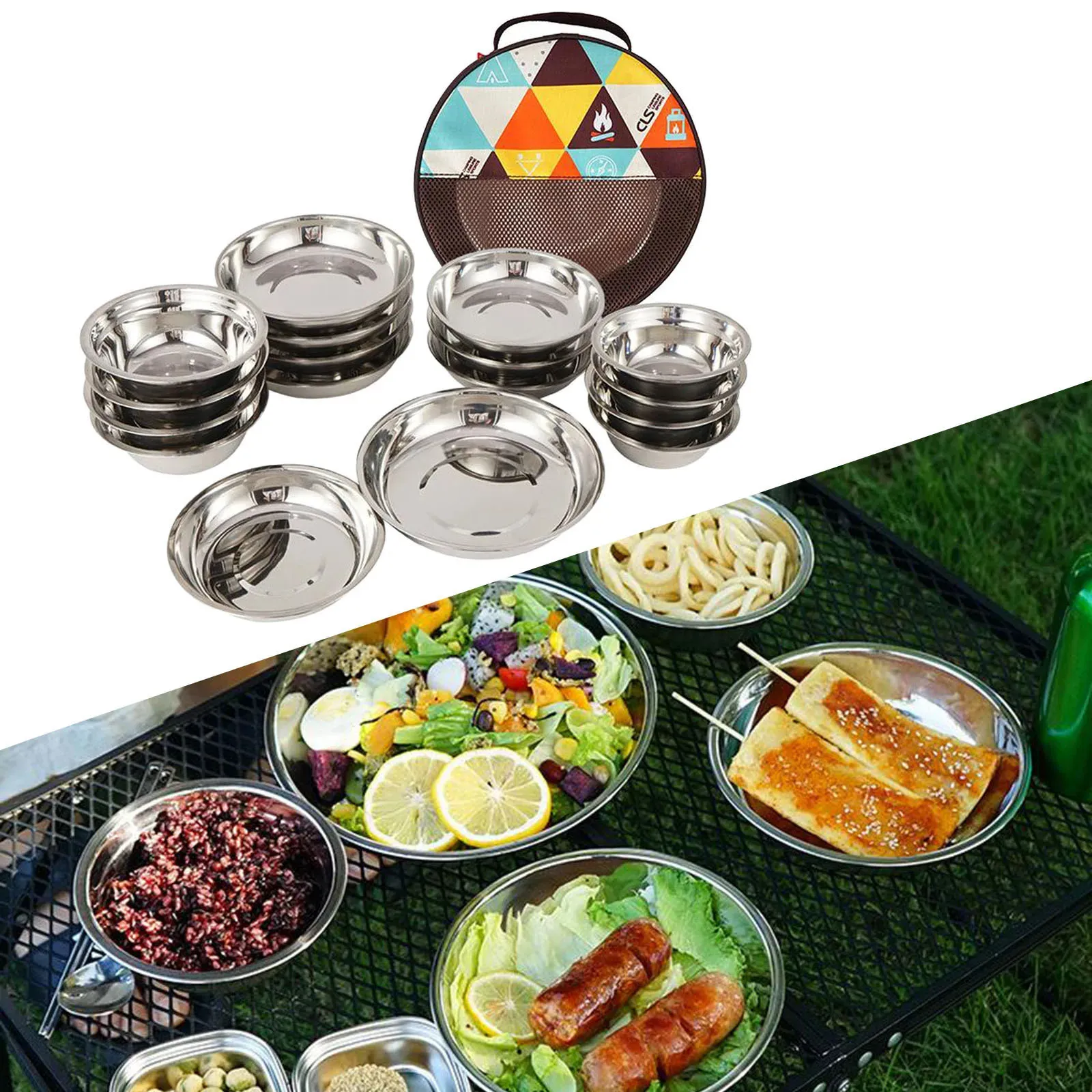 Camp Kitchen 1 Set mit 17-teiligem Camping-Essgeschirr, Outdoor-Geschirr, Edelstahl-Teller, Schüssel mit Aufbewahrungstasche für Wandern, Reisen, Picknick 231128