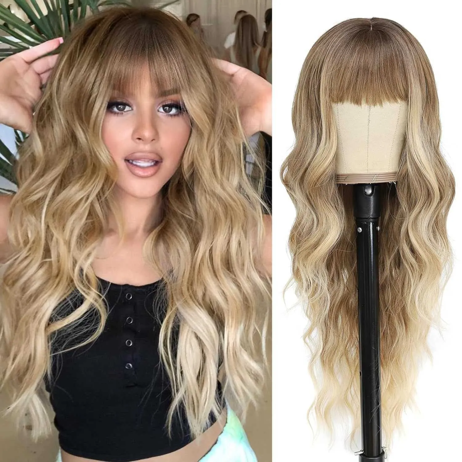Synthetic Wigs tant Heat Elimination Wig with Straight Bangs Large Wav Long Curly Hair Synthetic Fiber Headband Wig