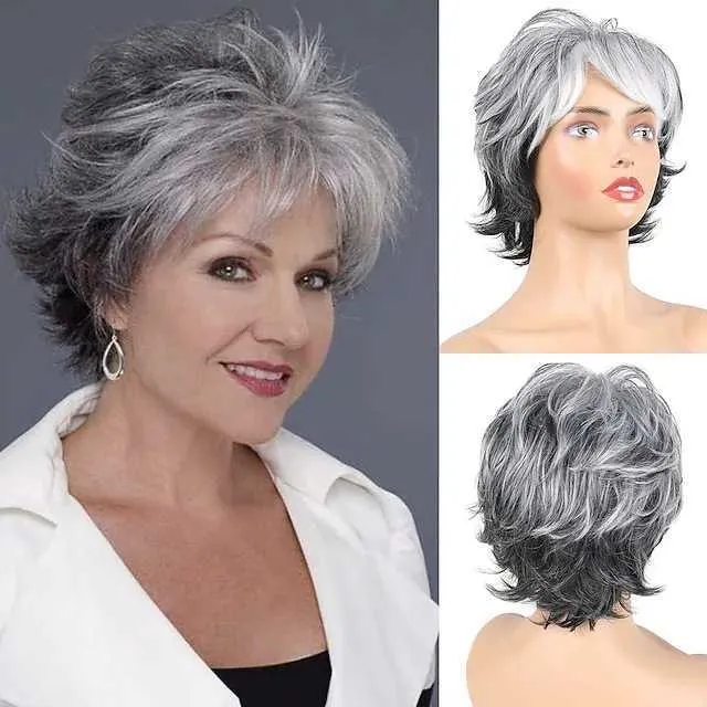 Synthetic Wigs Old Man's Hair Wig Gradation Gray White Wig Headgear Women's Short Roll Chemical Fiber Headgear