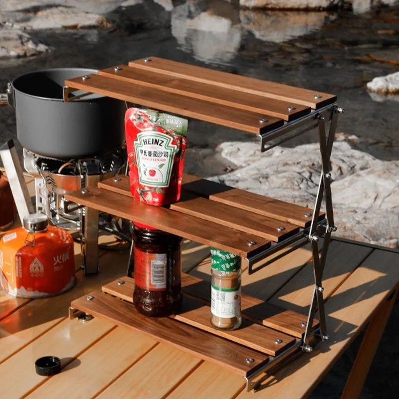 Organisation Mini étagère en bois en acier inoxydable chêne portable pliant multifonctionnel en plein air Camping pique-nique maison cuisine vaisselle support de rangement